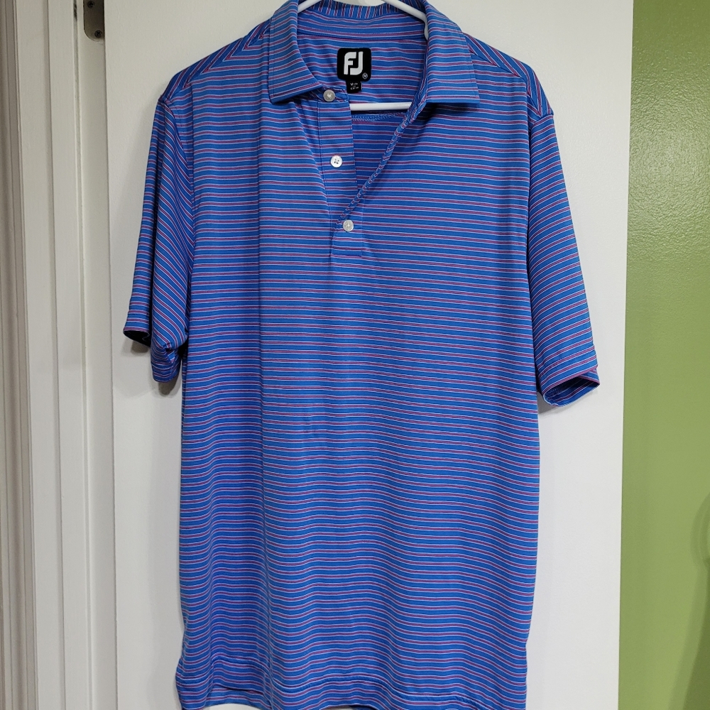 FJ Footjoy Polo Shirt Mens M Golf Preppy Blue Pink Stripe Short Sleeve Stretch